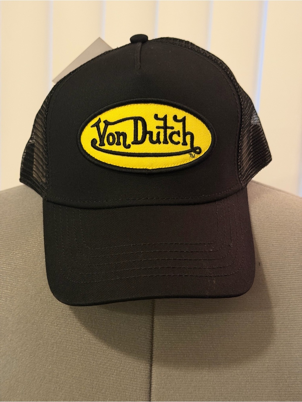 Von Dutch Black Mesh Trucker Hat with Orange Tag